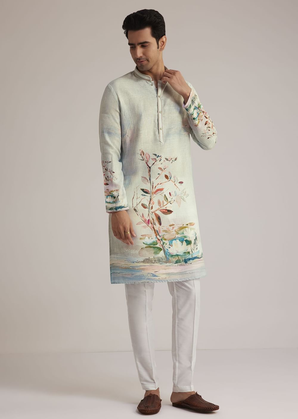 Sky Blue Linen Kurta With Floral Print