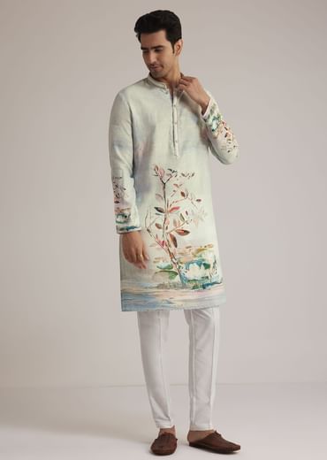 Sky Blue Linen Kurta With Floral Print