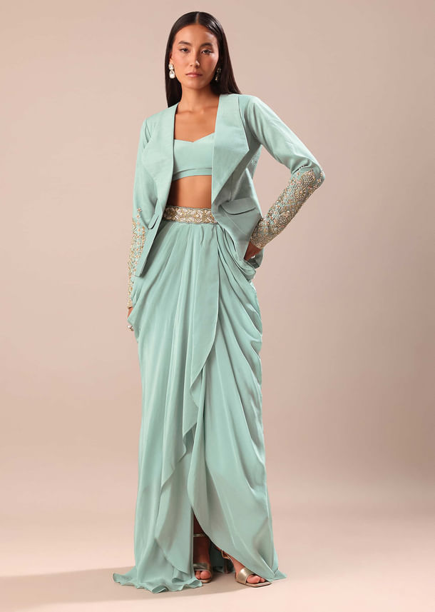 Sky Blue Draped Skirt With Embroidered Blouse And Jacket