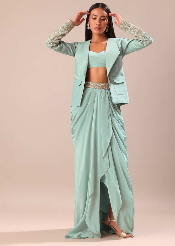 Sky Blue Draped Skirt With Embroidered Blouse And Jacket