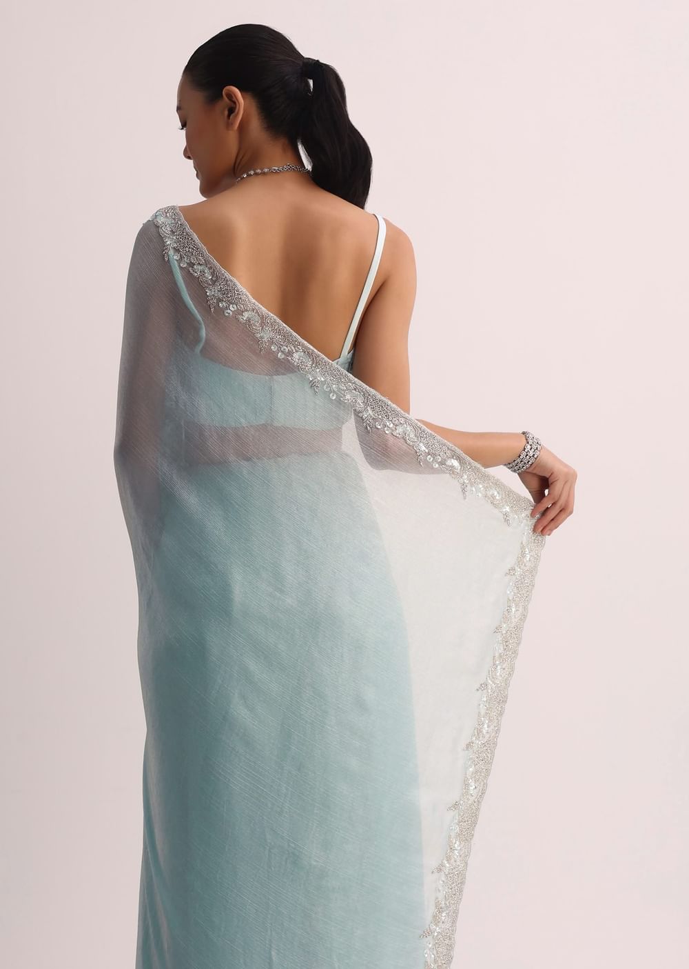 Sky Blue Saree WIth Embroidered Border And Unstitched Blouse