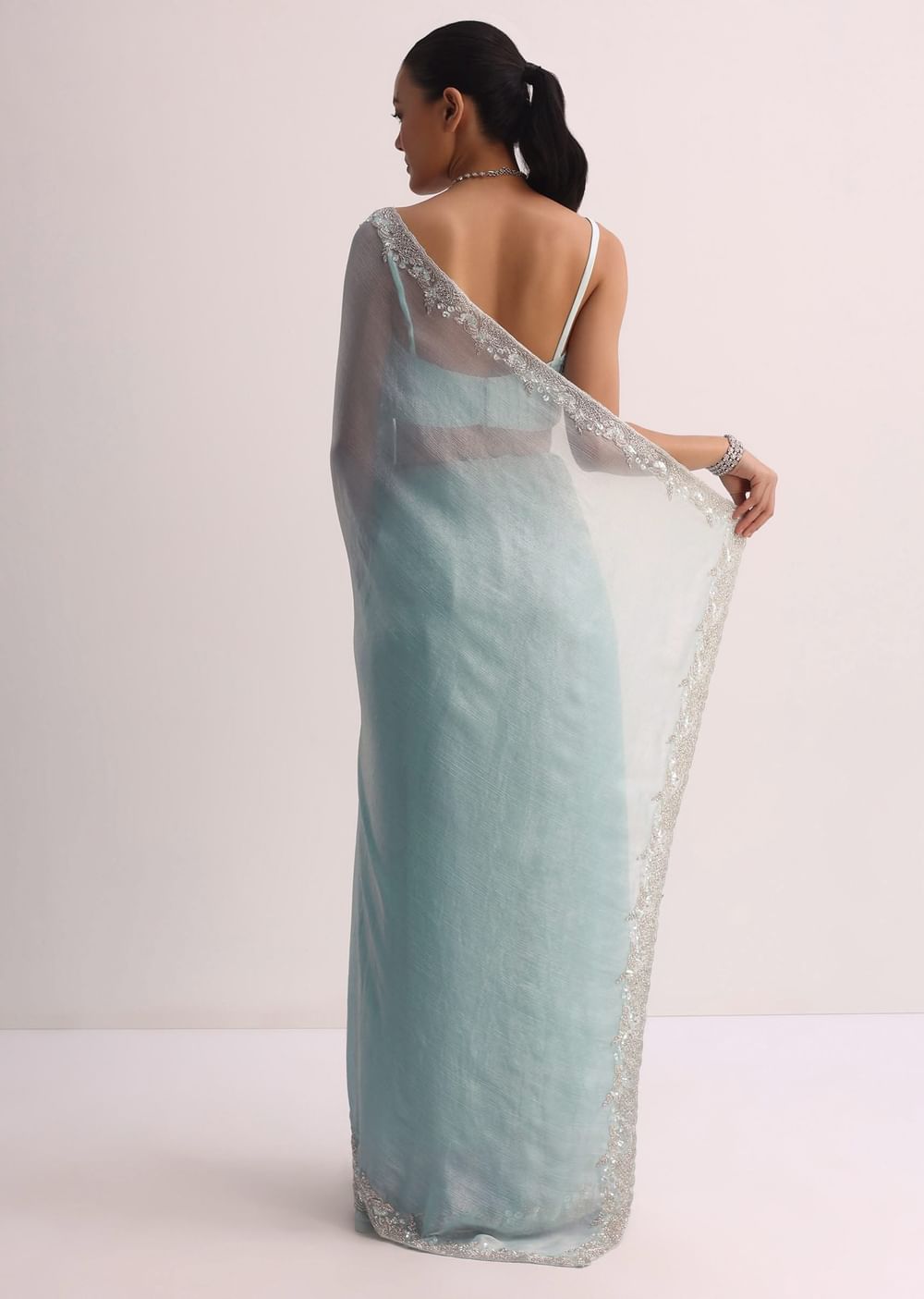 Sky Blue Saree WIth Embroidered Border And Unstitched Blouse