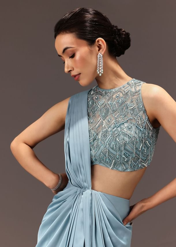 Sky Blue Semi Stitched Saree With Embroidered Blouse