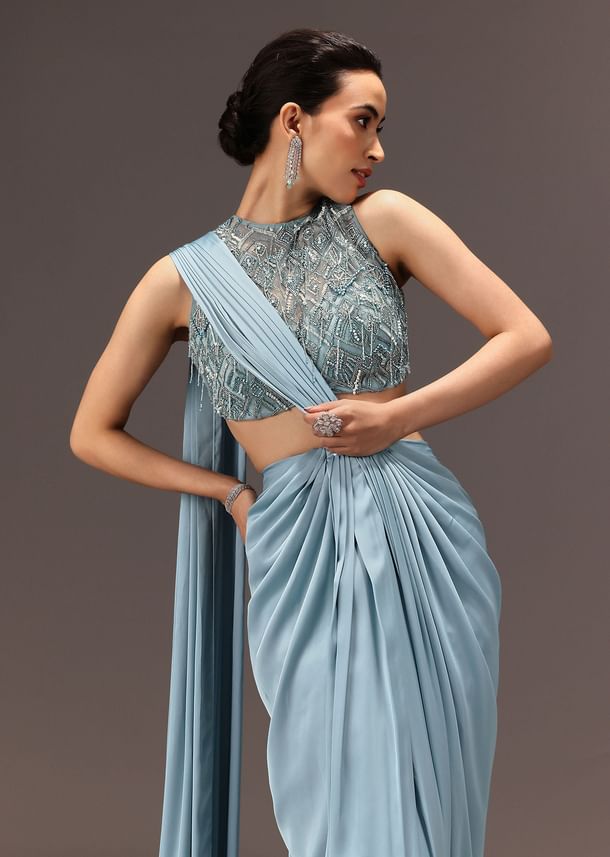 Sky Blue Semi Stitched Saree With Embroidered Blouse