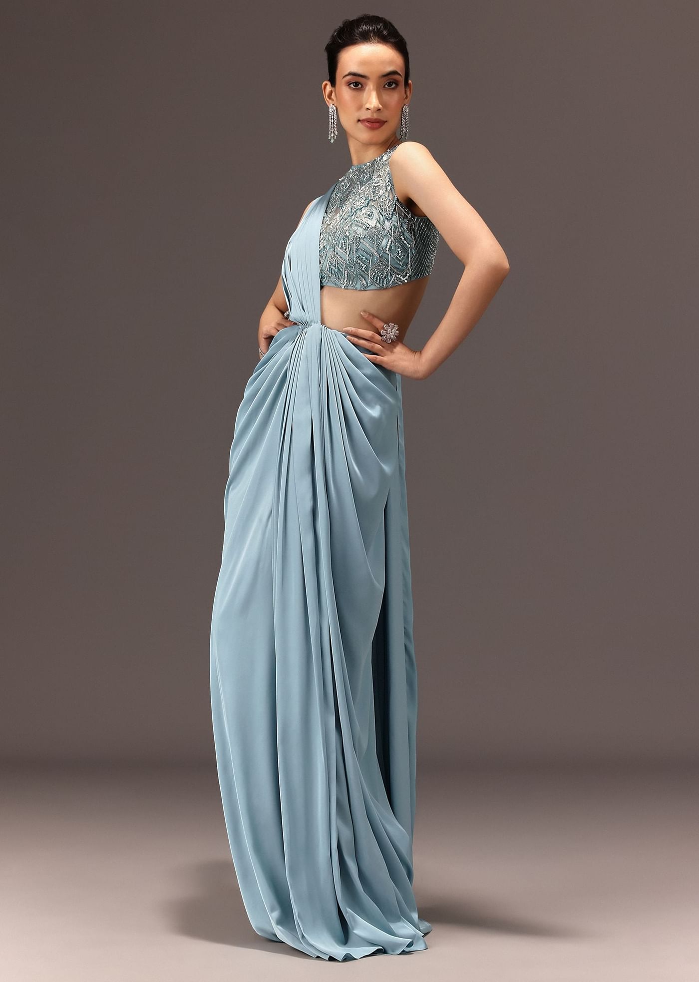 Sky Blue Semi Stitched Saree With Embroidered Blouse
