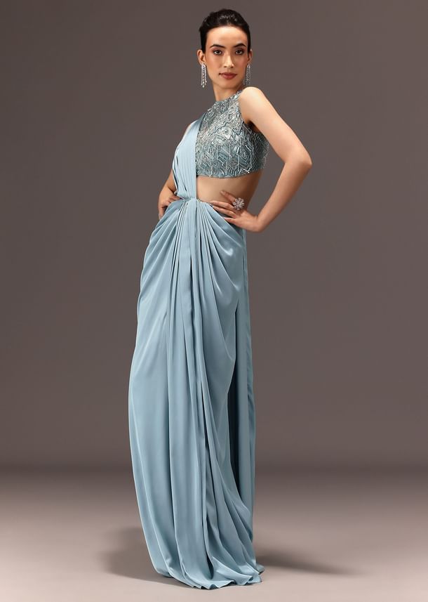 Sky Blue Semi Stitched Saree With Embroidered Blouse