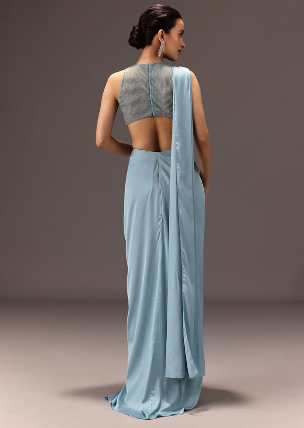 Sky Blue Semi Stitched Saree With Embroidered Blouse