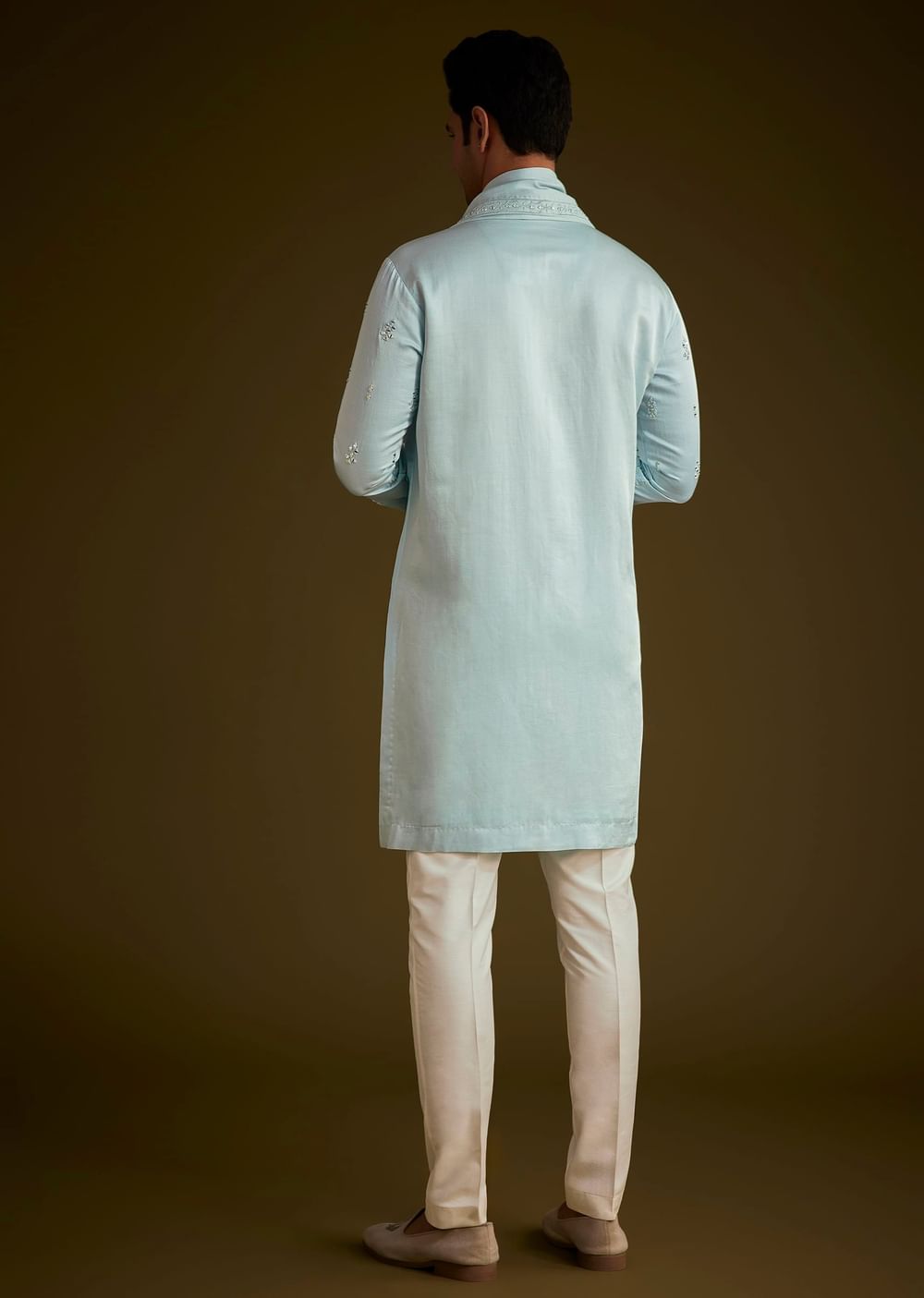 Sky Blue Silk Blend Kurta Set With Mirror Work