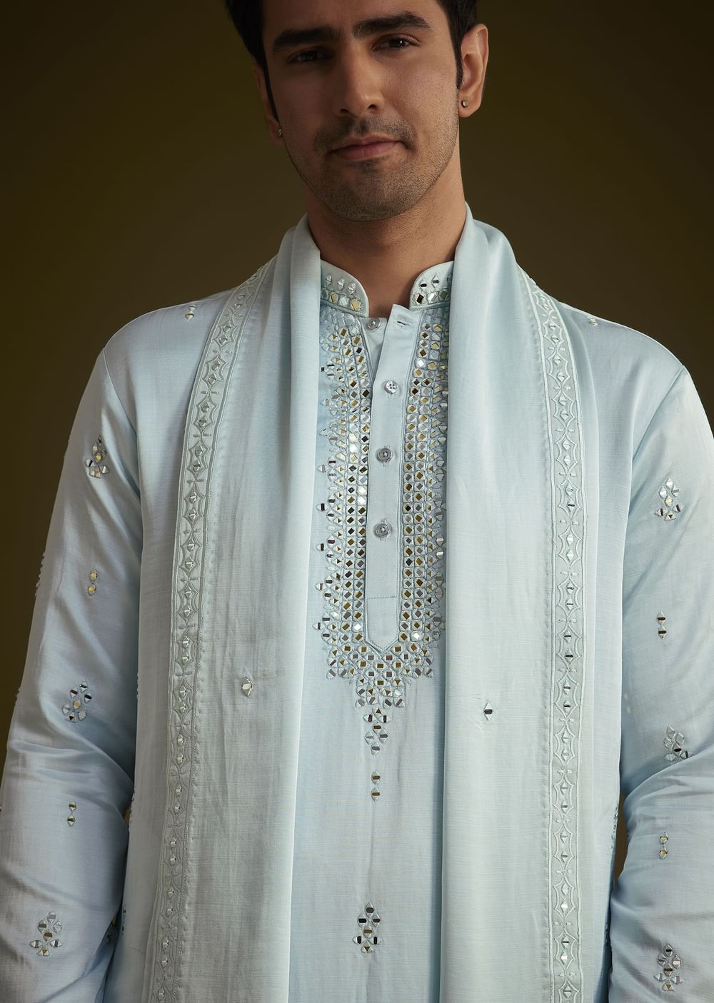 Sky Blue Silk Blend Kurta Set With Mirror Work
