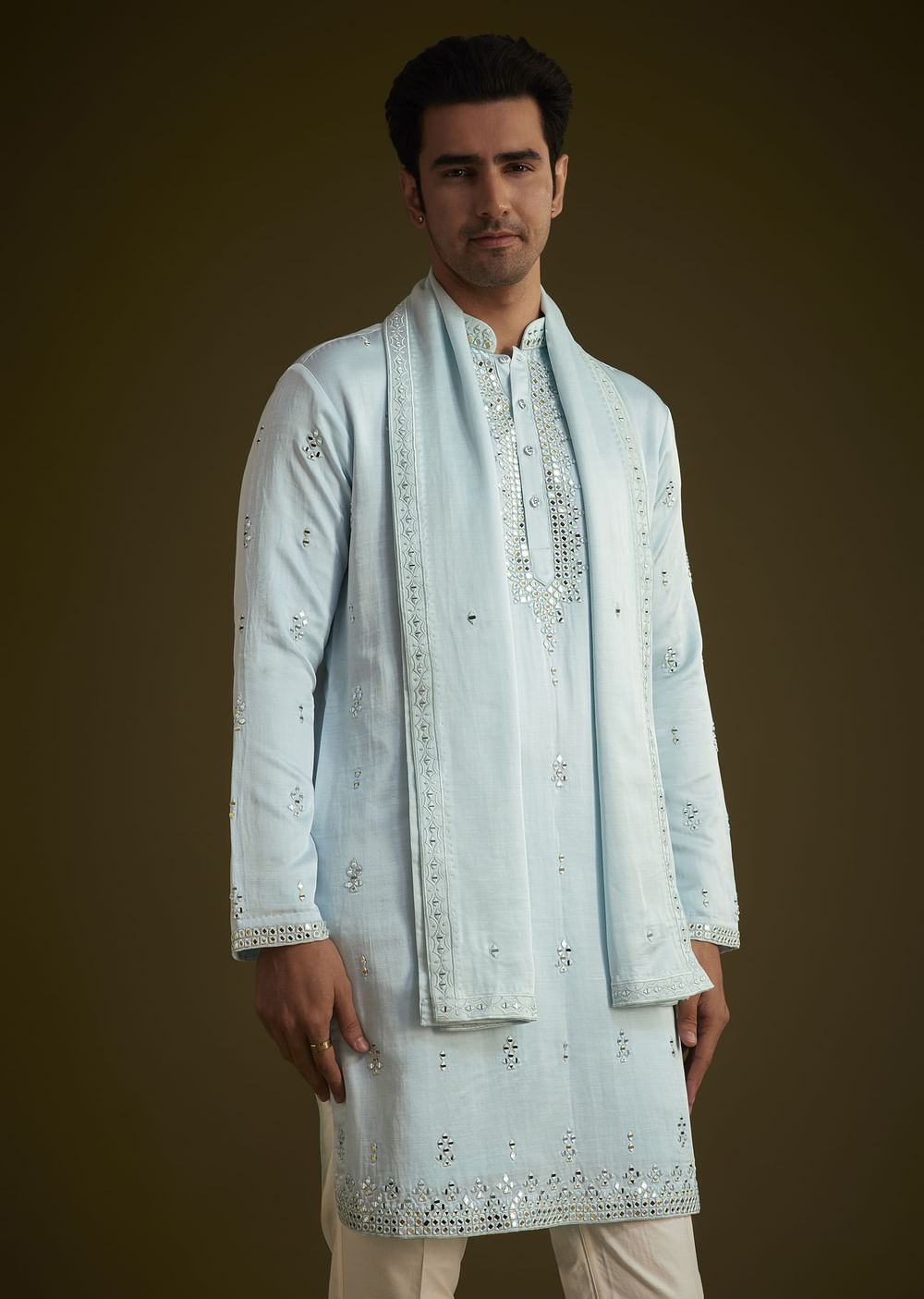 Sky Blue Silk Blend Kurta Set With Mirror Work