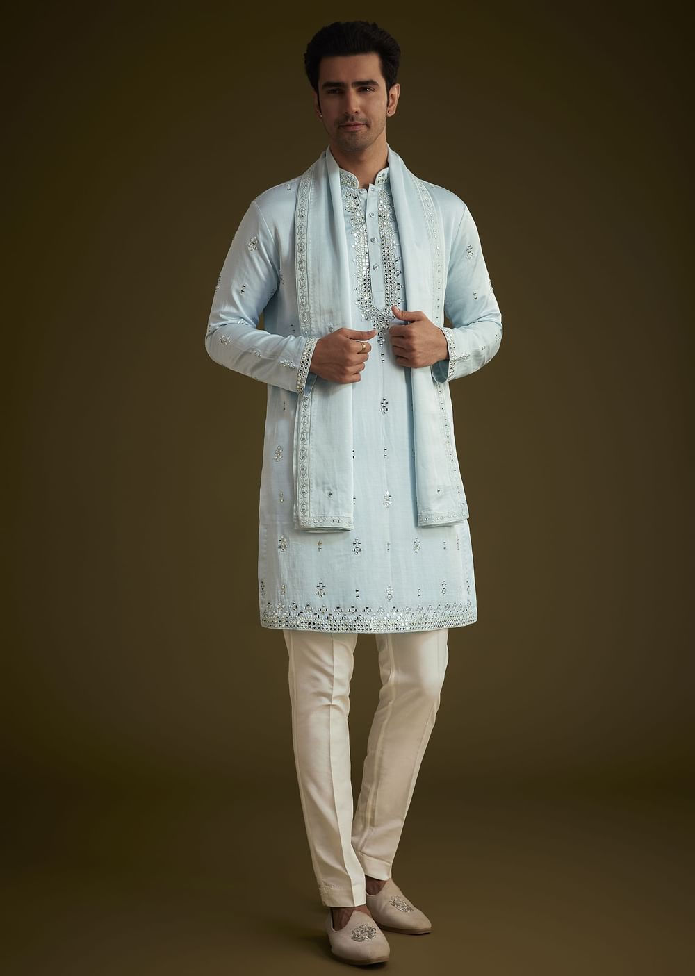 Sky Blue Silk Blend Kurta Set With Mirror Work