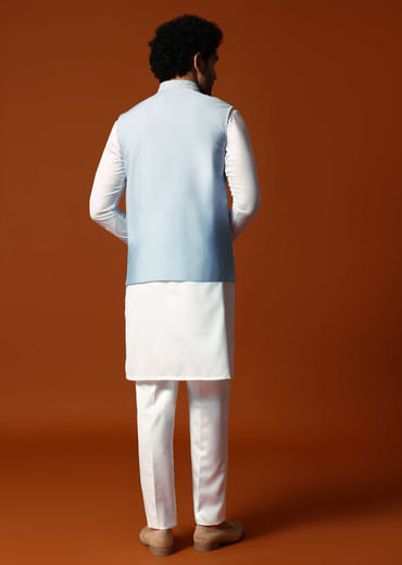 Sky Blue Silk Kurta Jacket Set In Resham Work For Men