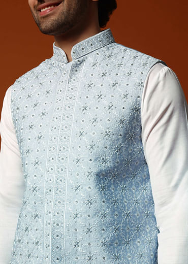 Sky Blue Silk Kurta Jacket Set In Resham Work For Men