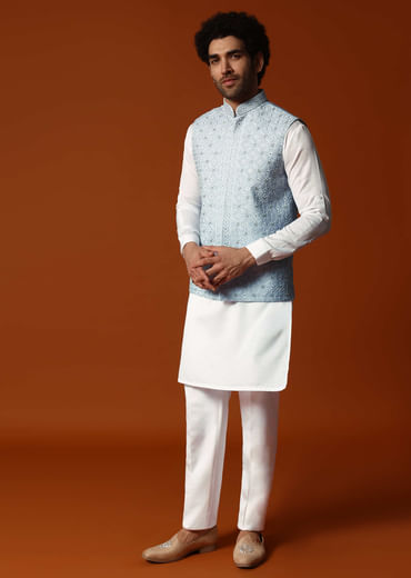 Sky Blue Silk Kurta Jacket Set In Resham Work For Men