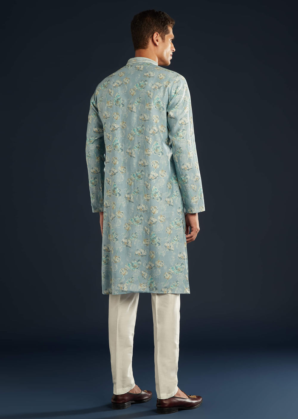Sky Blue Silk Kurta Set with Floral Motifs