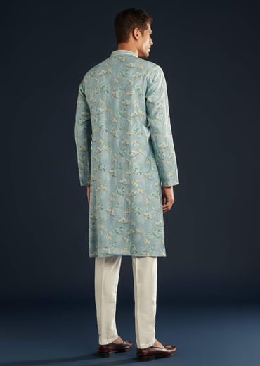 Sky Blue Silk Kurta Set with Floral Motifs