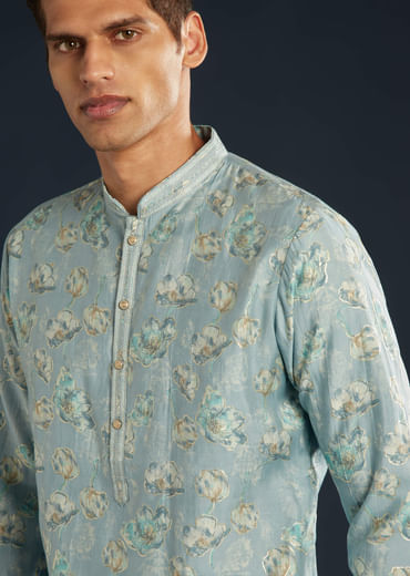 Sky Blue Silk Kurta Set with Floral Motifs