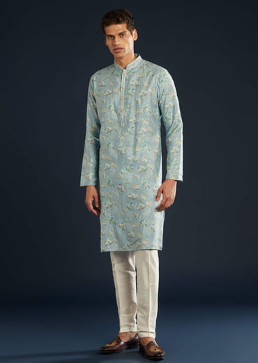 Sky Blue Silk Kurta Set with Floral Motifs
