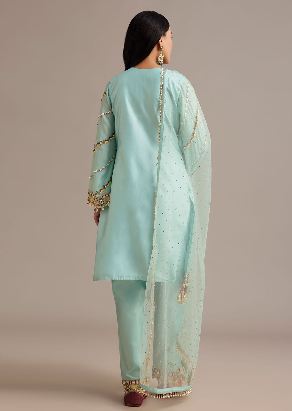Sky Blue Silk Kurta Set With Mirror And Thread Work