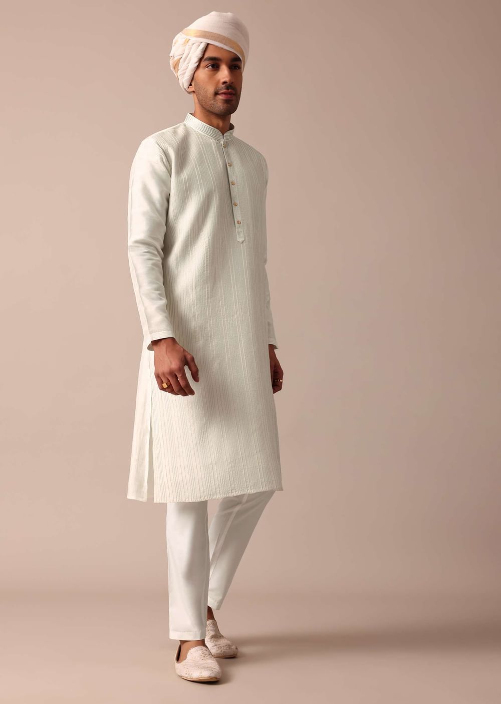 Cream Silk Sherwani Set With Intricate Embroidery