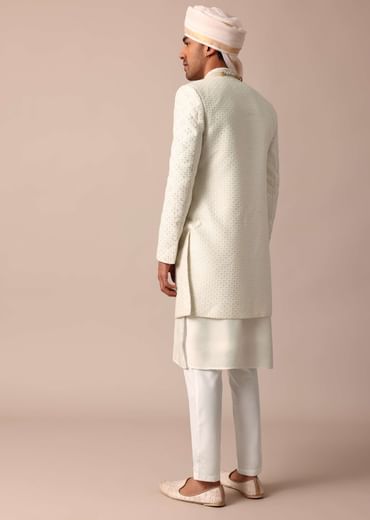 Cream Silk Sherwani Set With Intricate Embroidery