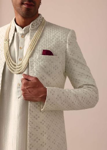 Cream Silk Sherwani Set With Intricate Embroidery