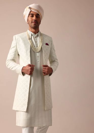 Cream Silk Sherwani Set With Intricate Embroidery