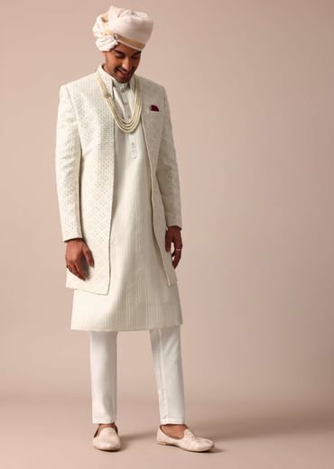 Cream Silk Sherwani Set With Intricate Embroidery