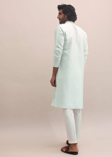 Light Pista Thread Embroidered Cotton Silk Kurta Set For Men