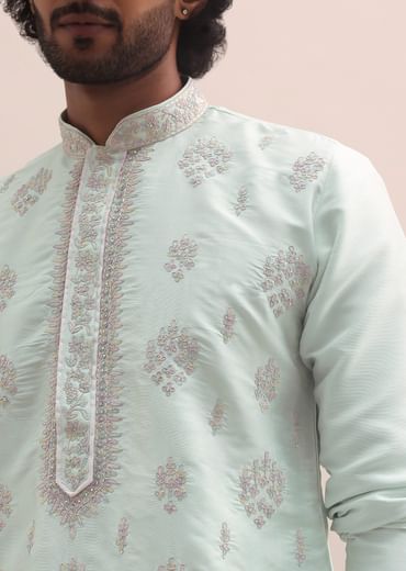 Light Pista Thread Embroidered Cotton Silk Kurta Set For Men