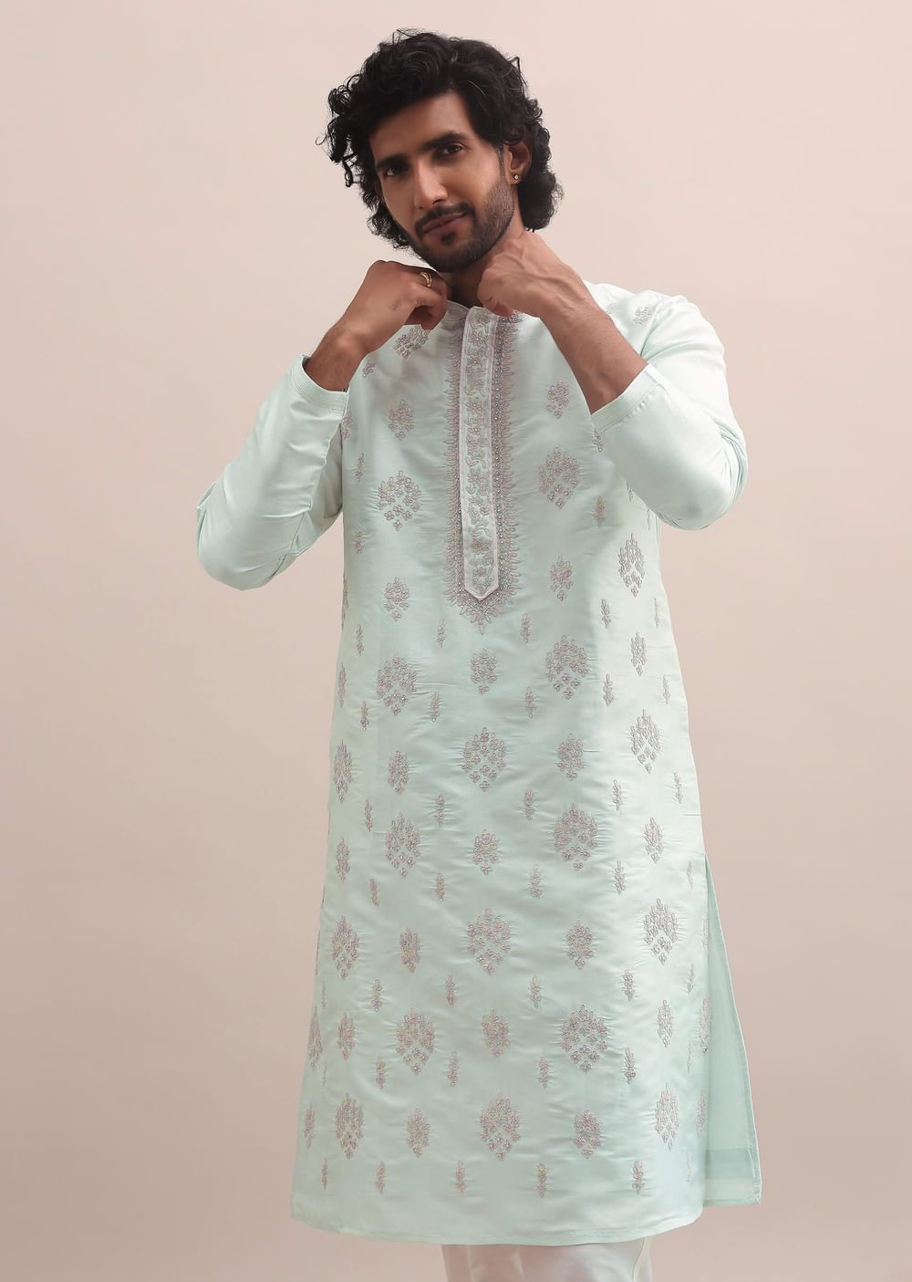 Light Pista Thread Embroidered Cotton Silk Kurta Set For Men