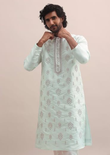 Light Pista Thread Embroidered Cotton Silk Kurta Set For Men