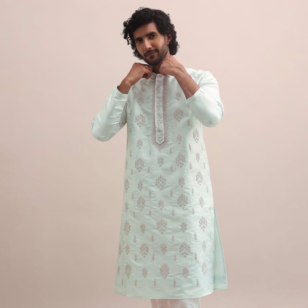 Light Pista Thread Embroidered Cotton Silk Kurta Set For Men