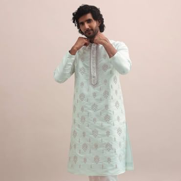 Light Pista Thread Embroidered Cotton Silk Kurta Set For Men
