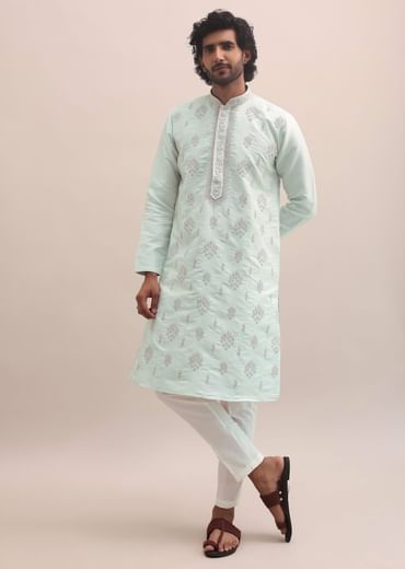 Light Pista Thread Embroidered Cotton Silk Kurta Set For Men