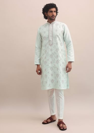 Light Pista Thread Embroidered Cotton Silk Kurta Set For Men