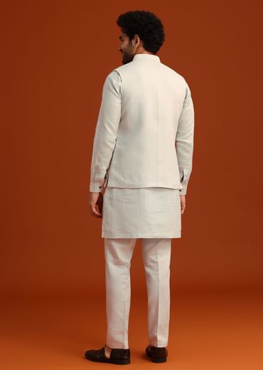 Sky Blue Zardosi Embroidered Jacket Kurta Set In Linen