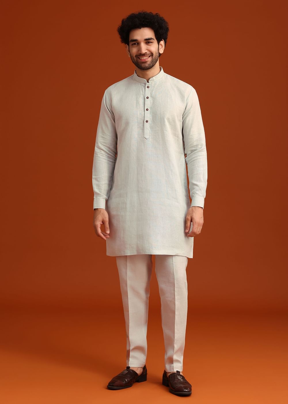 Sky Blue Zardosi Embroidered Jacket Kurta Set In Linen