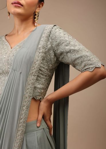 Slate Grey Lycra Blend Saree Finished In A Moroccan Jaal With Sequins Work And Cut Dana Floral Detailing