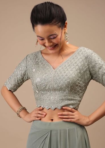 Slate Grey Lycra Blend Saree Finished In A Moroccan Jaal With Sequins Work And Cut Dana Floral Detailing