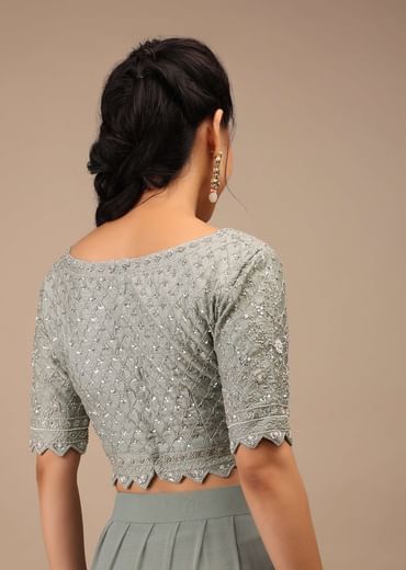 Slate Grey Lycra Blend Saree Finished In A Moroccan Jaal With Sequins Work And Cut Dana Floral Detailing
