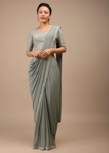 Slate Grey Lycra Blend Saree Finished In A Moroccan Jaal With Sequins Work And Cut Dana Floral Detailing