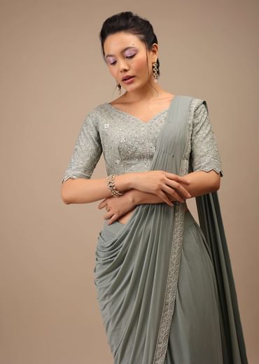 Slate Grey Lycra Blend Saree Finished In A Moroccan Jaal With Sequins Work And Cut Dana Floral Detailing