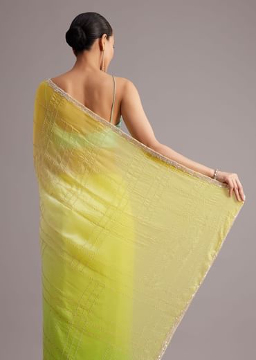 Soft Tissue Yellow Blue Shaded Saree Embroidered With Cutdana And Sequins