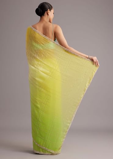 Soft Tissue Yellow Blue Shaded Saree Embroidered With Cutdana And Sequins