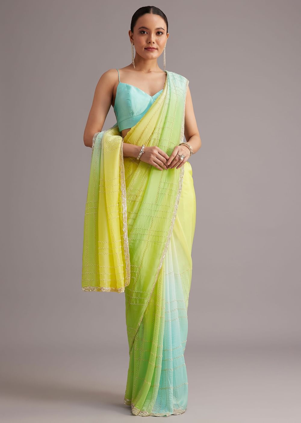 Soft Tissue Yellow Blue Shaded Saree Embroidered With Cutdana And Sequins