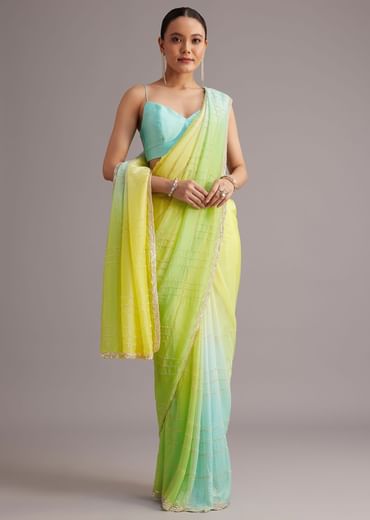 Soft Tissue Yellow Blue Shaded Saree Embroidered With Cutdana And Sequins