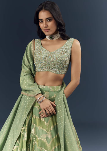 Spa Green Banarasi Silk Bridesmaid Lehenga With Heavy Hand Embroidery