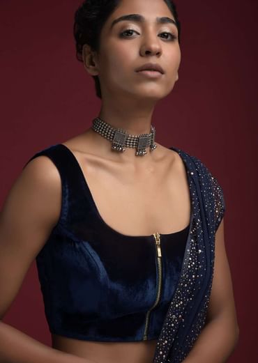 Space Blue Blouse In Velvet With Front Zip Opening