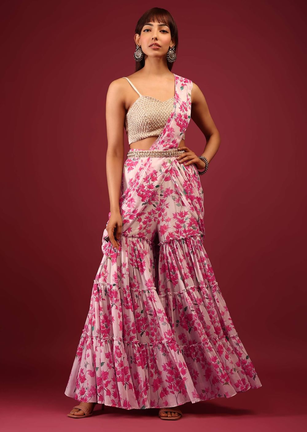 Daisy White Floral Print Sharara Saree With Attached Pallu And Embroidered Blouse
